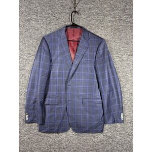 Byron Mens Blue Plaid Two Button Blazer Sport Coat Jacket Burgundy Lining 44R